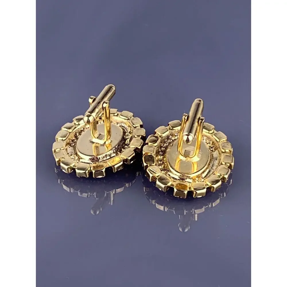 Large Yellow Carnelian Cabochon Cufflinks Gold Tone Rhinestones Orange Brown VTG